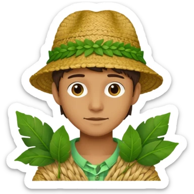 Adam, wearing a handmade hat woven from fresh green leaves, white background sticker