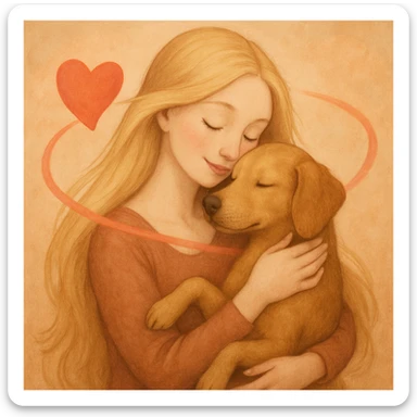 A pretty woman with pale skin and very long blonde hair holding a dog, with a heart spinning around her. sticker