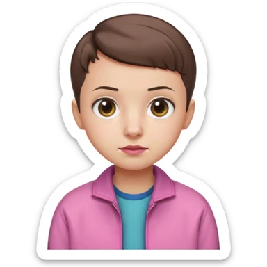 Create a cute emoji-style illustration of Eleven from Stranger Things: round face, big expressive eyes, short brown buzz-cut hair, pink jacket, simple nose and mouth, soft shading, bright colors, clean outline, minimal details, friendly expression, flat emoji style, white or transparent background. sticker