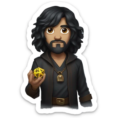 Long dark hair dungeon master holding a D20 dice sticker