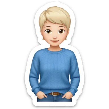 woman sitting chair short pixie hair jeans sweater smile  sticker