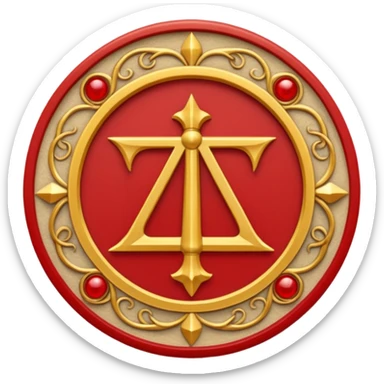 a circular casting sigil inspired by the wizard101 balance school using base color sand and trim color red. A golden scale in the middle as a focus  sticker