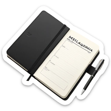 An elegant Moleskine notebook with elastic band, open to display a meeting agenda with items listed sticker