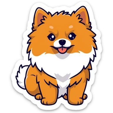 fluffy black and tan Pomeranian dog face, large round eyes, button nose, tan muzzle, tan eyebrow spots, thick ruff of fur, upright tousled ears, friendly and cute sticker