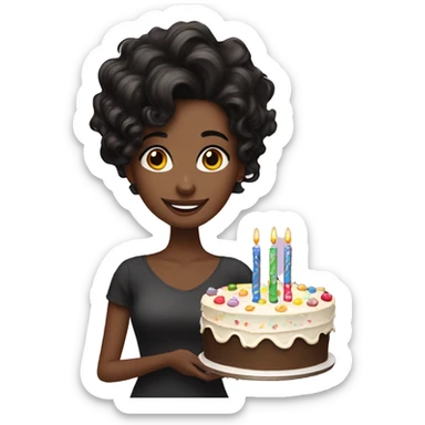 Beautiful black wavy hair Girl holding birthday cake  sticker