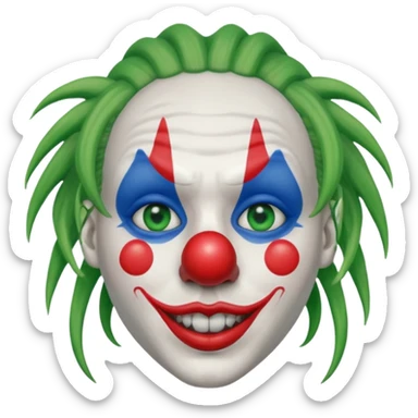 White face clown, with green dreadlocks, red lips, red ball nose, and blue eye paint sticker