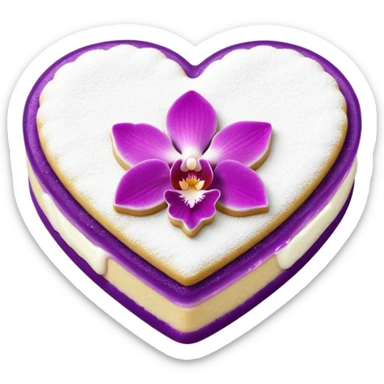 Realistic shortbread cookie in the shape of a heart with orchid purple color jelly middle filling and sprinkled powder sugar on top. sticker