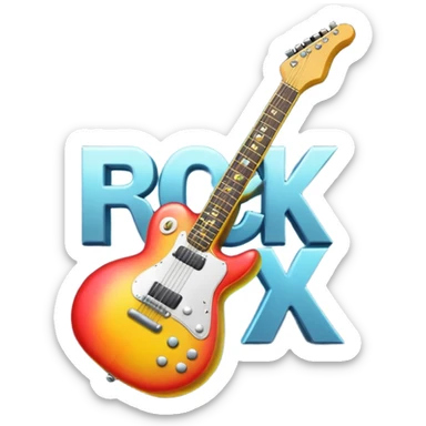 A 3D Apple-style emoji showing the word "ROCK" in bold metallic letters, with a small electric guitar leaning on the text, vibrant glowing effect, playful and energetic cartoon style, symbolizing rock music. sticker