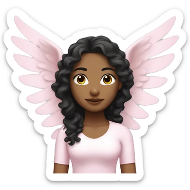 yoga girl wearing light pink with long black curly hair and angel wings sticker