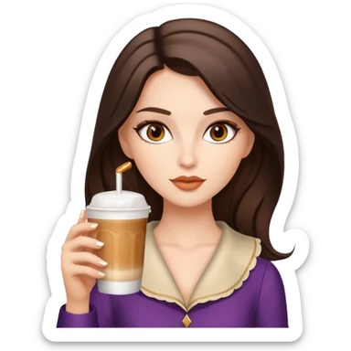 white brunette with brown eyes and a coquette outfit, drrinking caramel machiatto sticker