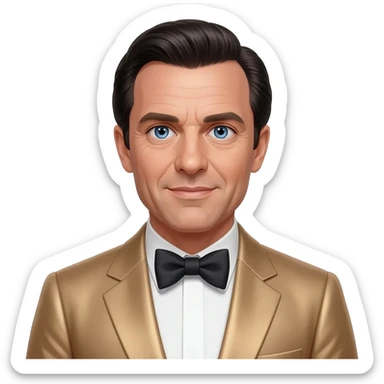 Oliver Reed with blue eyes, black hair, tan metallic suit with bow tie sticker