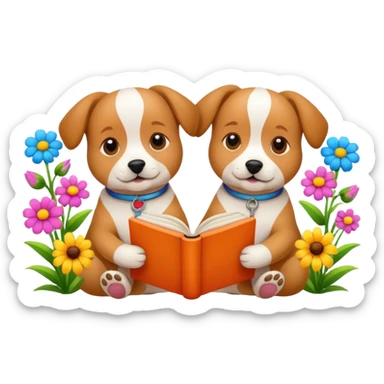 Dogs reading books + flowers  sticker