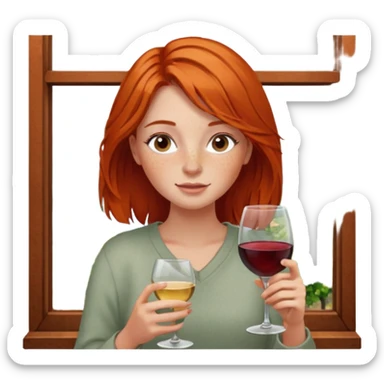 girl with rust colored hair and lots of freckles enjoying wine by window sticker