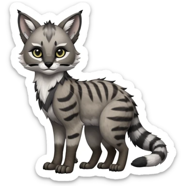 Cute kawaii cool edgy badass  ashen grey fur with smoky charcoal ombré fade fantasy-caracal-civet-genet-sergal-vernid-Gryphon-Cacomistle-Trico-oncilla-animal-Fakémon-hybrid-fursona (full body), facial markings, (realism style) sticker