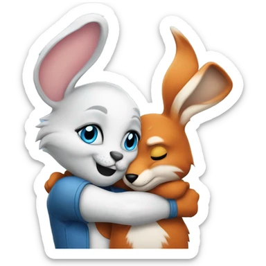bunny with blue eyes and fox with a tattoo on his arm hugging sticker