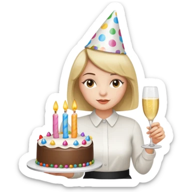 una festa di compleanno con una camicia bianca UNA ragazza con il caschetto e una torta e un cappellino  sticker