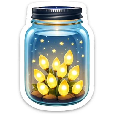 glass jar with solar powered fairy lights inside, glowing sticker