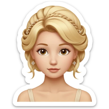 Cinematic Realistic Rococo Portrait, depicted with lifelike skin texture, subtle rosy undertones, and soft natural lighting that enhances the gentle contours of her face. Her intricately detailed golden blonde hair is elegantly styled in an updo, with delicate wisps framing her face.  sticker
