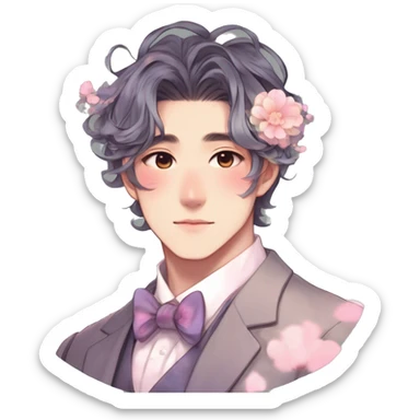 Gorgeous romantic anime style Asian formal modern gentlemanly guy with pretty hair and flower petals and blushing face aesthetic trending style with colorful gradient colors  pastelcore cottagecore kawaiicore sticker