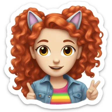 a white girl with long red curly hair in a pony tail with rainbow shirt does peace sign wearing cat ears one black other white sticker