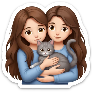 A girl with long hair tightly hugged a kitten sticker