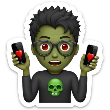 Crie um zumbi com sangue estilo emoji do iPhone com cabelo ondulado grande preto com camiseta preta e óculos de grau preto sticker