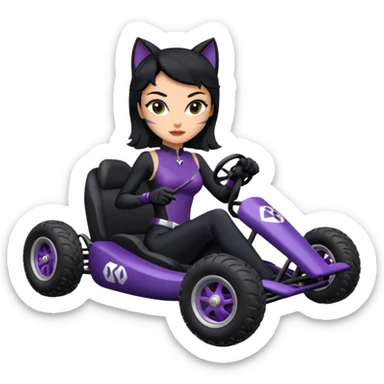 full size real-appearance road glowing racing sexy buxom CatWoman’s feminine midnight-colored tight outfit sixty’s tv show dark stealthy accurate sporty safe plush deluxe off-road pursuit drifting car jaguar (black hair,reclined and relaxed torso and shoulders back seating position) cross kart  sticker