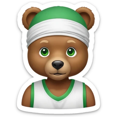 Cute brown bear with green eyes shown up to shoulders, wearing a white durag and black basketball jersey, visible upper chest and shoulders, iOS emoji style sticker