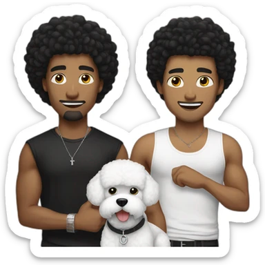 white man black hair,  rapper flexing with a bichon sticker