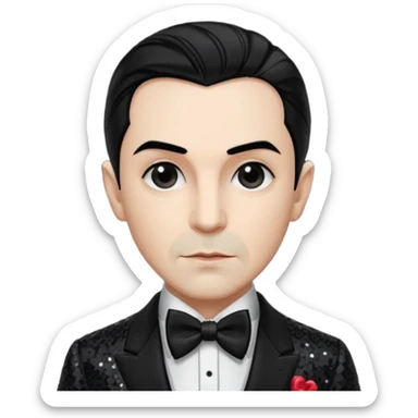Bela Lugosi with black hair, black sequin suit with bow tie sticker