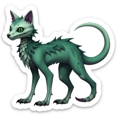 Bloody gory spectral spooky dark bleak blackish swampy white-skeletal gloomy ghostly dark greyish dark-deep-greenish foggy eldritch beautiful realistic edgy fantasy ghoul-like stitched feline-vernid-sergal-fursona animal creature with a tufted tail full body with intricate markings  sticker