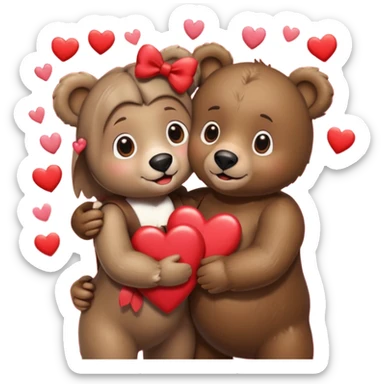female bear with bow on her head and male bear hugging, couple, surrounded by hearts, playful and loving, cute sticker