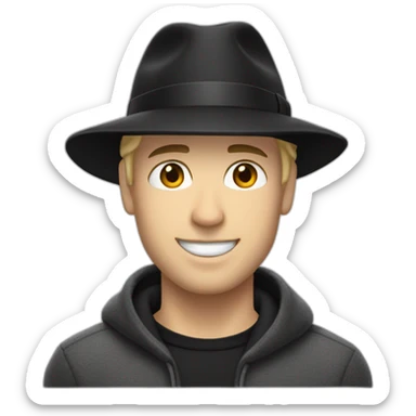 White smirking man with short blond hair wearing a fedora black hat, and a black adidas long sleeve sweater sticker