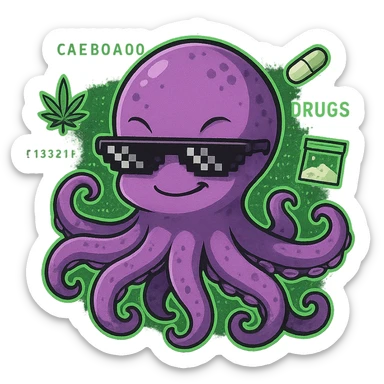 cute small anime kraken with a sly smile, wearing hacker sunglasses, surrounded by digital code and subtle drug references, darknet and drugs theme sticker