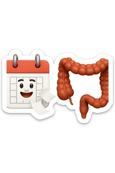 emoji stile iphone di un calendario con fogli che volano insieme a pezzi anatomici di colon umano, iperrealistico 4k, isolato su sfondo bianco sticker