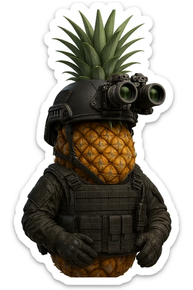 Make the pineapple wear special forces gear including a tactical helmet with night vision goggles, a black tactical vest, and gloves. The background should be transparent with no background. sticker