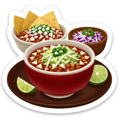 A delicious hot bowl of pozole rojo with sides next to the bowl in separate bowls each: chopped onions, shredded cabbage, lime wedges, red chile de arbol salsa, and full round tostadas sticker