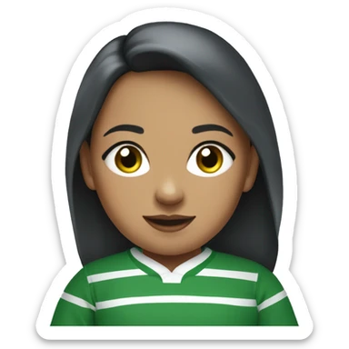 Girl wearing blue rugby sweater with two green stripes at the bottom. Stripes are at the bottom. Long sleeved sweter sticker