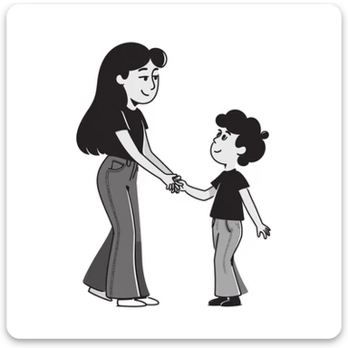 A girl with long brown hair holding the hand of a boy with short black hair, she wearing a black tank top with flared blue jeans, he wearing a black t-shirt with grey jeans, couple in love sticker