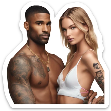Photo of Victoria secret model by the pool with a tattooed male model  sticker