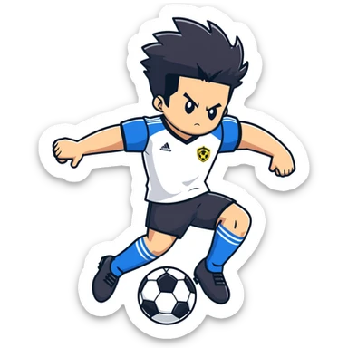 Bad ass anime soccer guy playing soccer he has black hair and in the background there is a gaming computer sticker