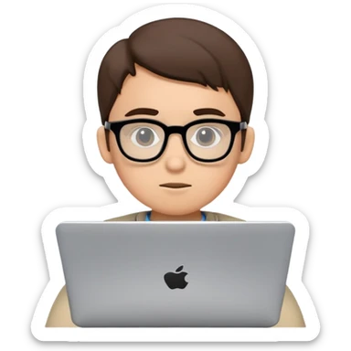 Junior IT Specialist with small laptop, glasses, looking inexperienced, with basic coding skills sticker