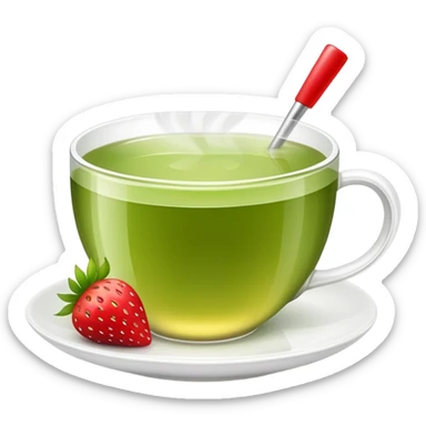 cup of green tea with a strawberry garnish sticker