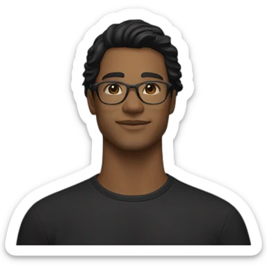 Light Brown guy, black medium long wavy hair, no facial hair, transparent aviator glasses, black t shirt sticker