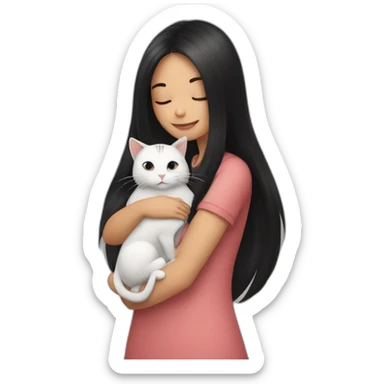 A girl with long black hair hugging a beautiful cat sticker