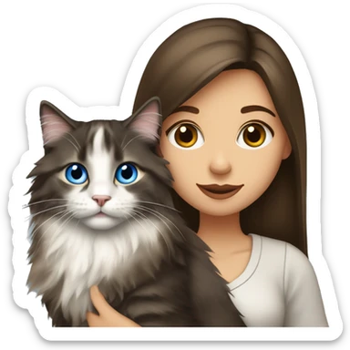 long straight haired blue eyed brunette woman holding norwegian forest cat with amber eyes sticker