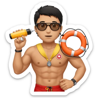 Dark Tan Muscular lifeguard without shirt with messy black hair with sunglasses, with whistle with life preserver sticker