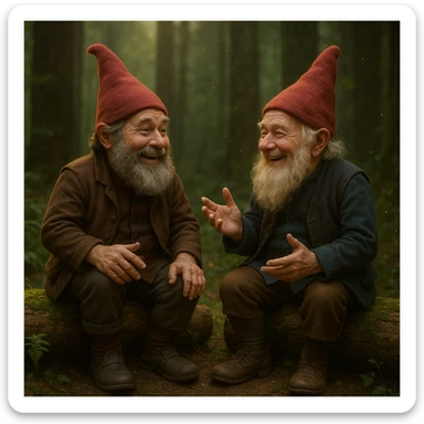 realistic style, two gnomes on logs in a forest, talking and laughing, subtle magical elements, soft lighting sticker
