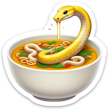 Cantonese snake soup in special double-walled bowl, simplified emoji style with bold outlines and bright colors, cartoon style exotic delicacy with herb decorations sticker