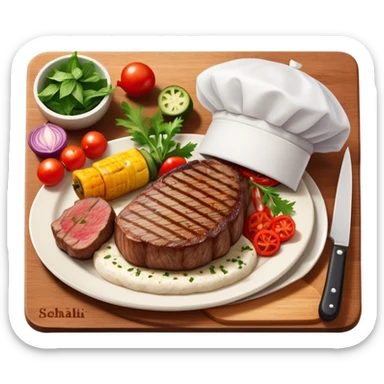 icon featuring a chef’s hat, a cutting board with fresh ingredients, a knife, a beautifully cooked ribeye steak, shashlik skewers, and a plate of food in the making. The design captures the passion of cooking with warm, inviting colors, and realistic textures. Transparent background. sticker